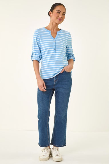 Roman Blue Petite Stripe V-Neck Button Top