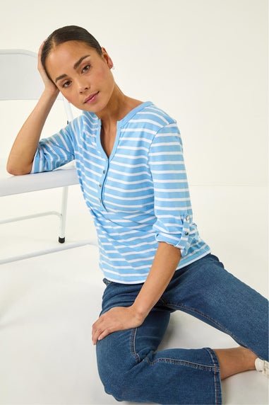 Roman Blue Petite Stripe V-Neck Button Top