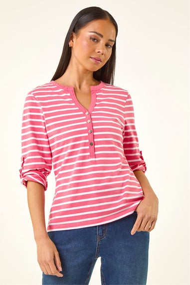 Roman Pink Petite Stripe V-Neck Button Top