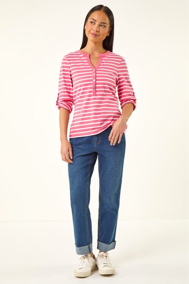 Roman Pink Petite Stripe V-Neck Button Top