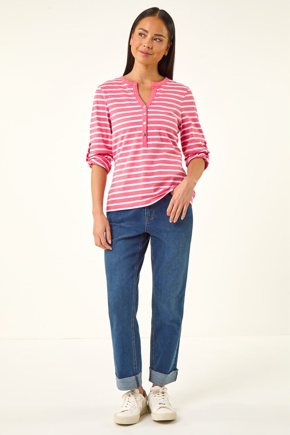 Roman Pink Petite Stripe V-Neck Button Top
