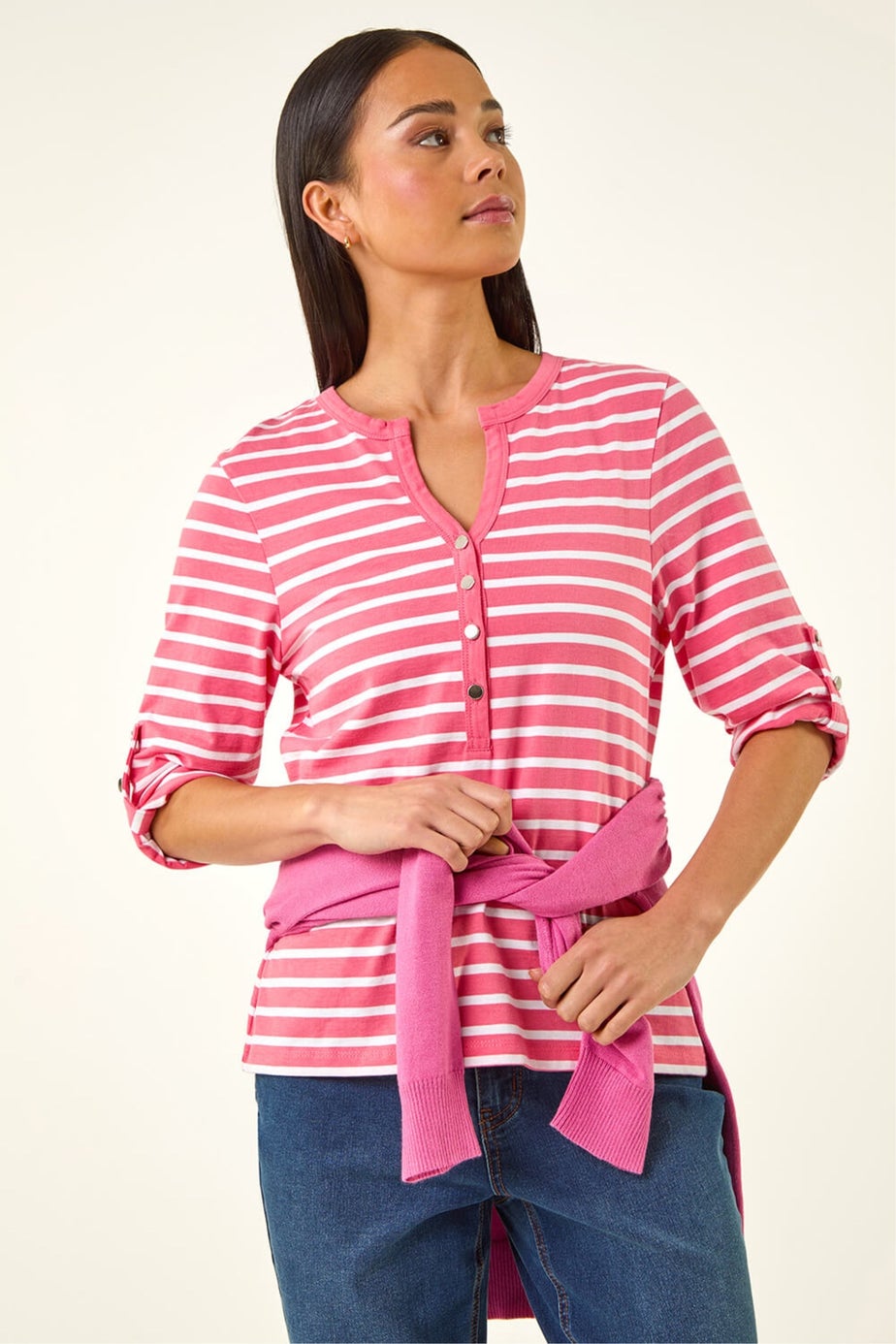 Roman Pink Petite Stripe V-Neck Button Top