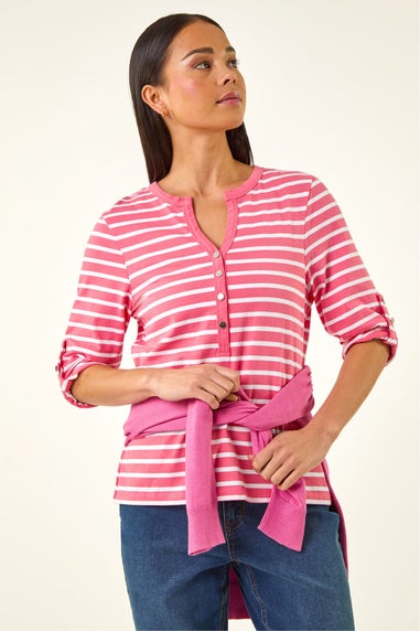 Roman Pink Petite Stripe V-Neck Button Top