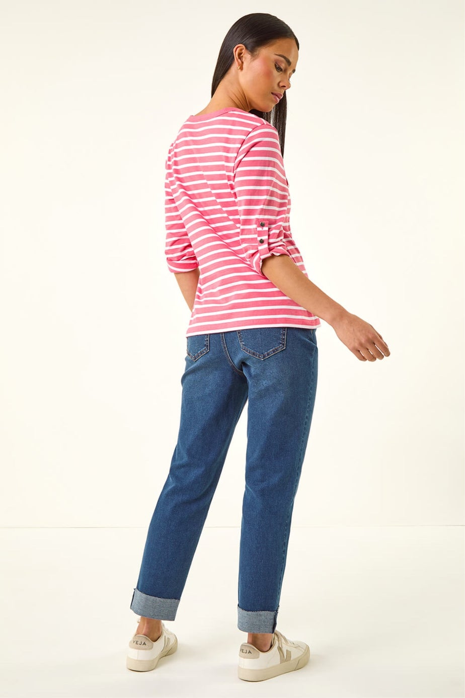Roman Pink Petite Stripe V-Neck Button Top