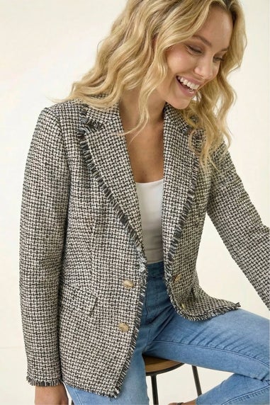 Roman Black Boucle Frayed Edge Jacket