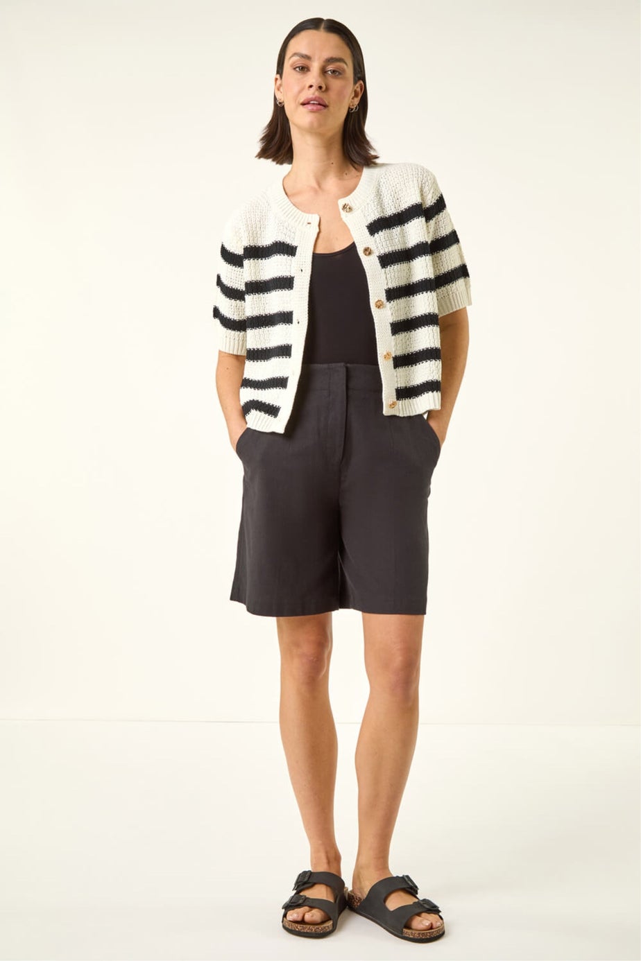 Roman Ivory Stripe Button Knit Cardigan