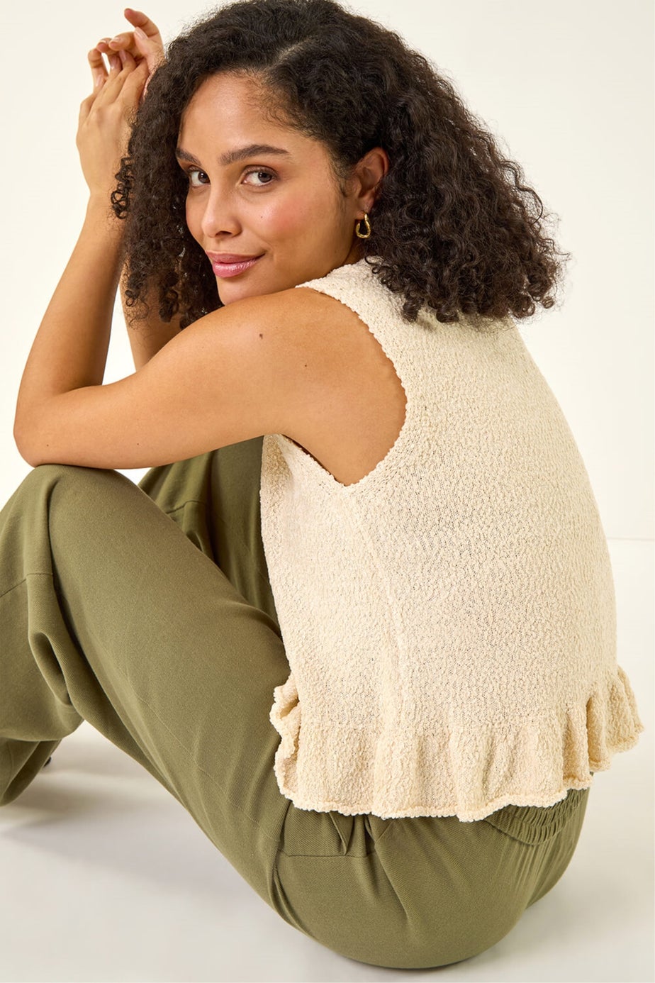 Roman Ivory Textured Frill Hem Knit Vest