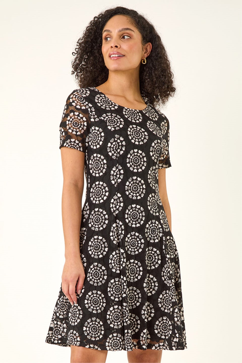 Roman Black Heart Circle Lace Stretch Dress