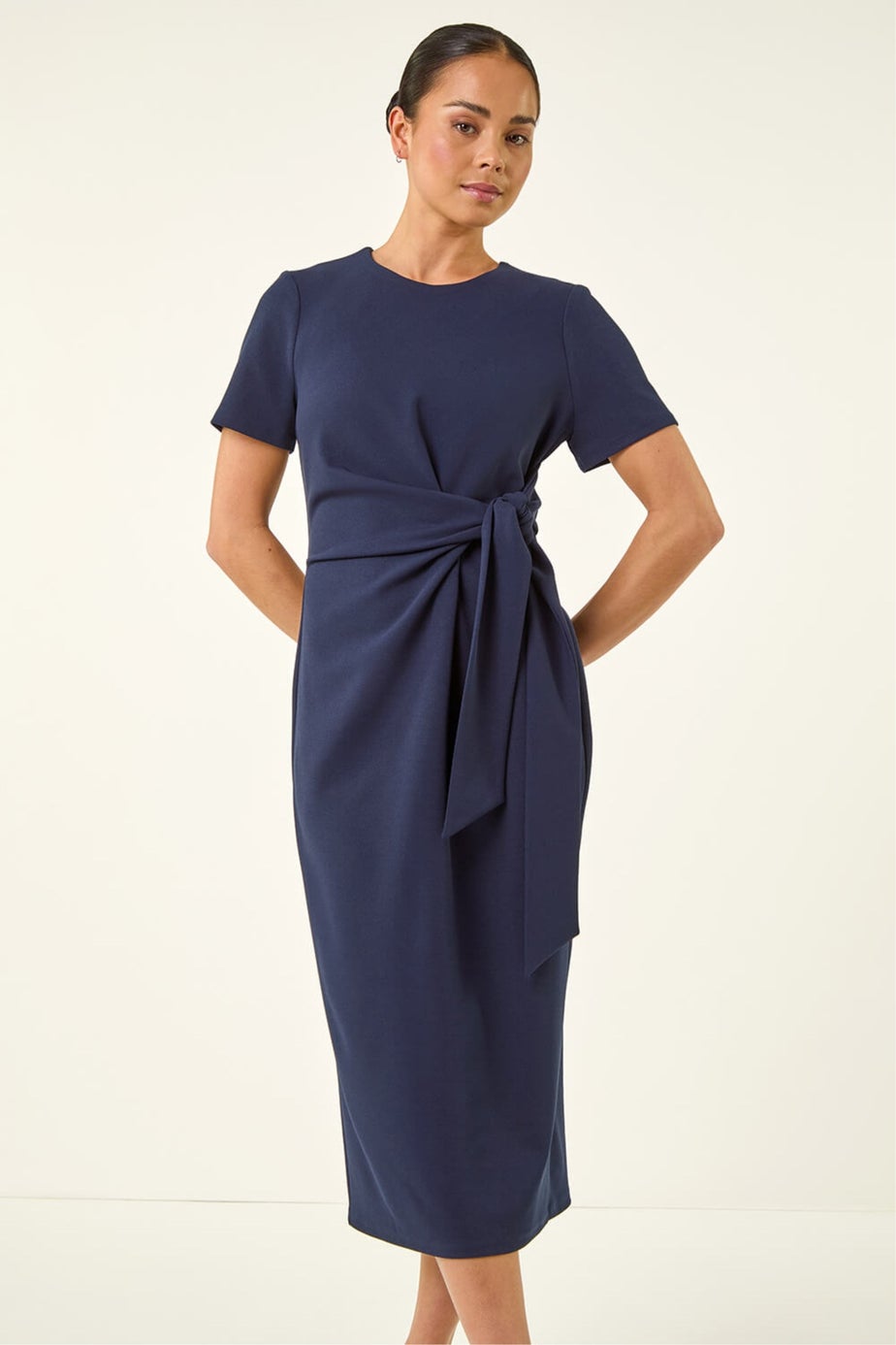Roman Navy Petite Tie Waist Stretch Midi Dress