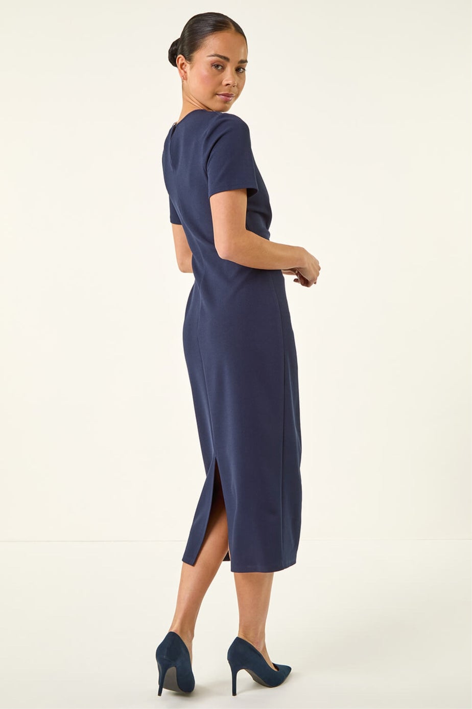 Roman Navy Petite Tie Waist Stretch Midi Dress