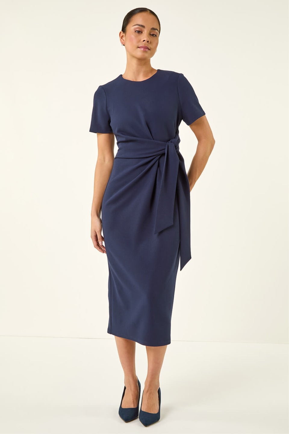 Roman Navy Petite Tie Waist Stretch Midi Dress