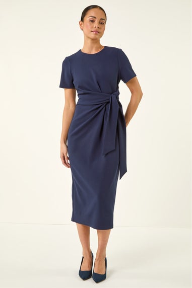 Roman Navy Petite Tie Waist Stretch Midi Dress