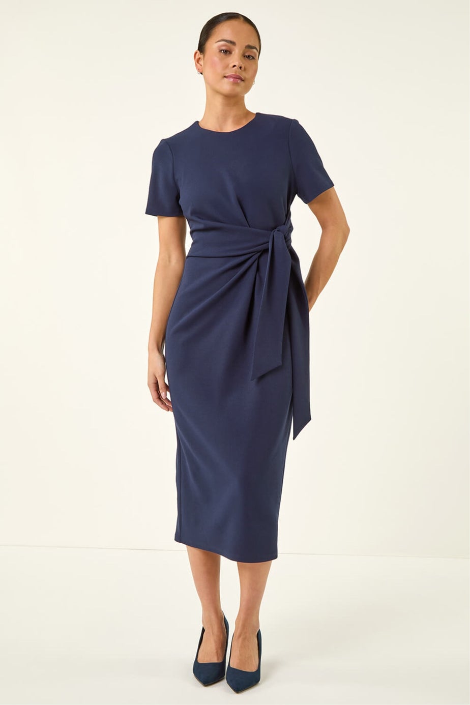 Roman Navy Petite Tie Waist Stretch Midi Dress