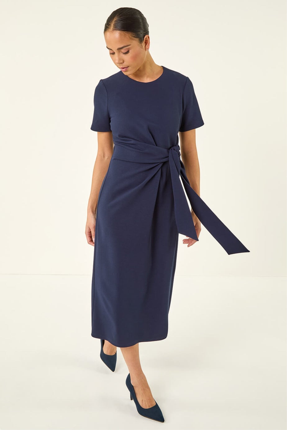 Roman Navy Petite Tie Waist Stretch Midi Dress