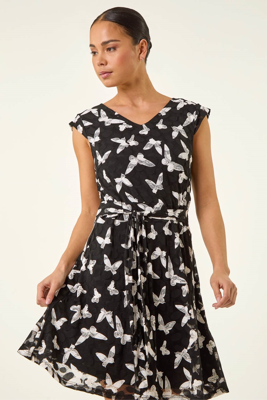 Roman Black Petite Butterfly Tie Waist Dress