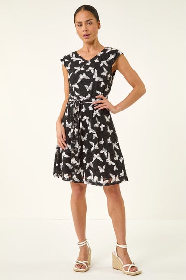 Roman Black Petite Butterfly Tie Waist Dress