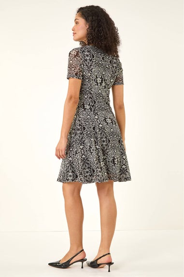 Roman Black Printed Mesh Dress