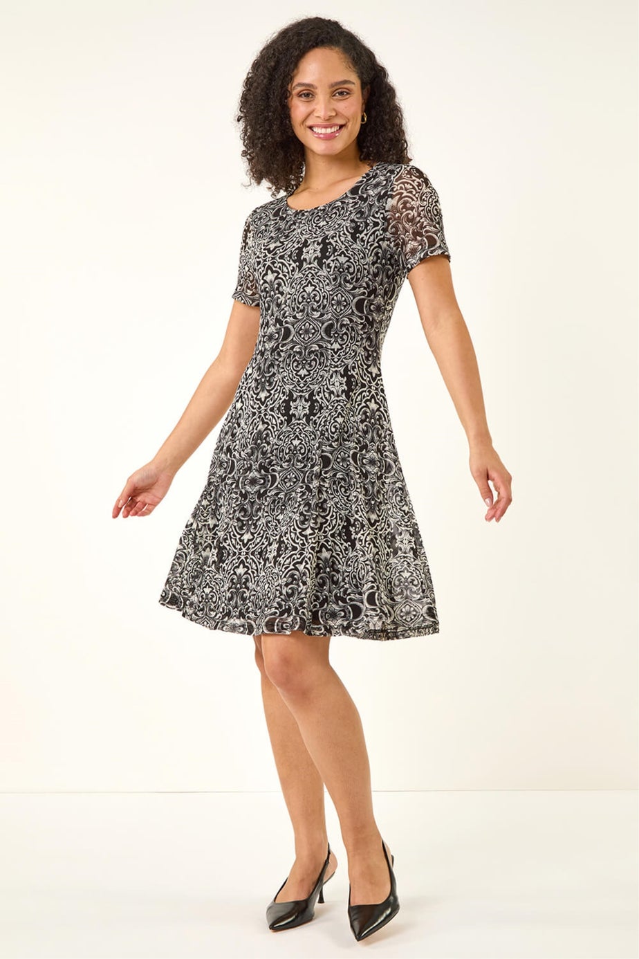 Roman Black Printed Mesh Dress