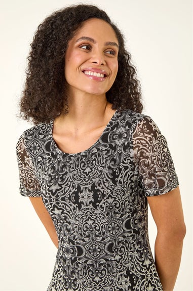 Roman Black Printed Mesh Dress