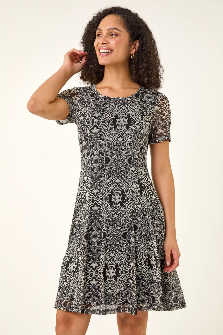 Roman Black Printed Mesh Dress