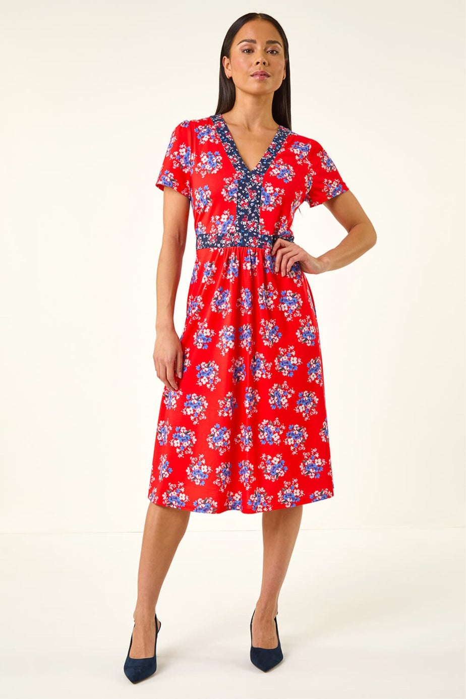 Roman Red Petite Floral Contrast Stretch Midi Dress