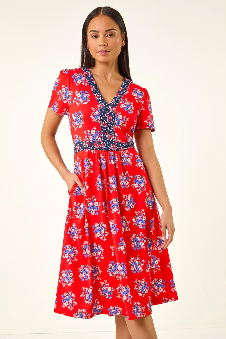 Roman Red Petite Floral Contrast Stretch Midi Dress