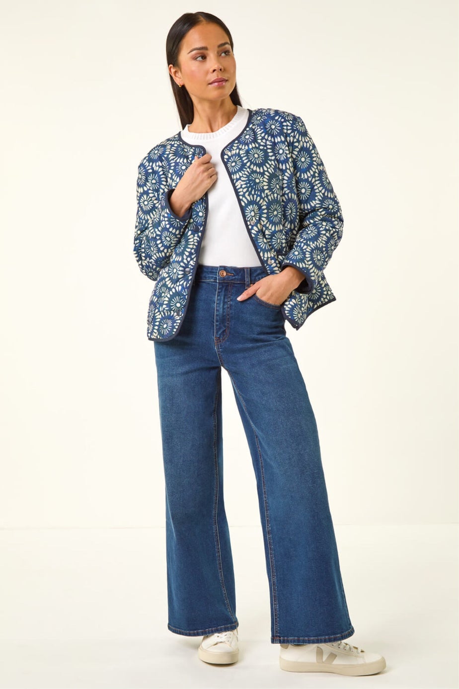 Roman Navy Petite Geo Quilted Puffer Jacket