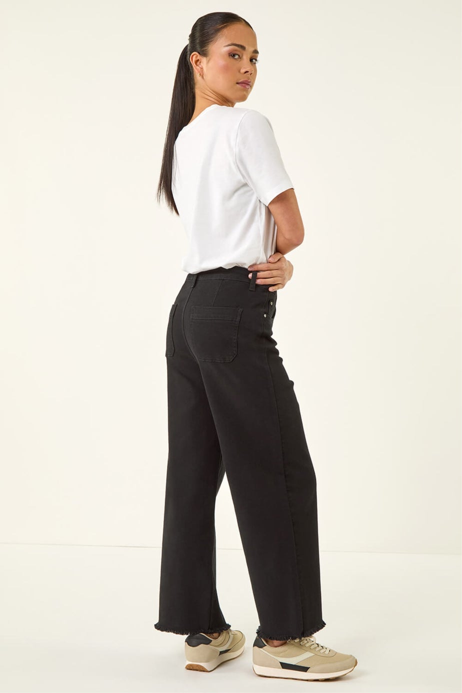 Roman Black Petite Cotton Frayed Hem Trouser