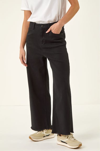 Roman Black Petite Cotton Frayed Hem Trouser