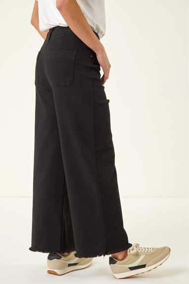 Roman Black Petite Cotton Frayed Hem Trouser