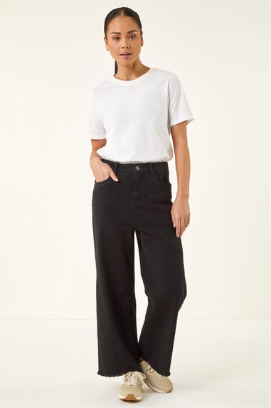 Roman Black Petite Cotton Frayed Hem Trouser