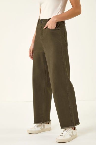 Roman Khaki Petite Cotton Frayed Hem Trouser