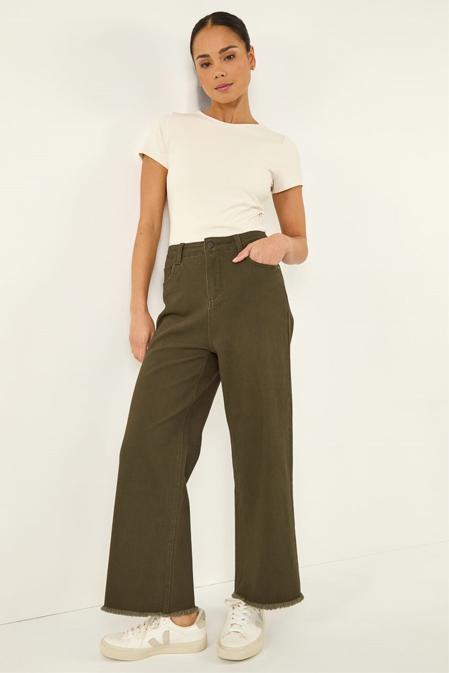 Roman Khaki Petite Cotton Frayed Hem Trouser