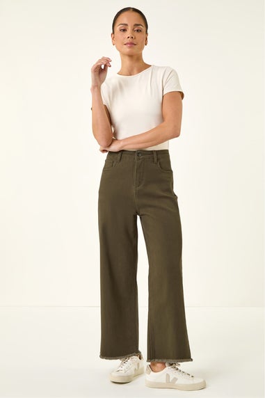 Roman Khaki Petite Cotton Frayed Hem Trouser