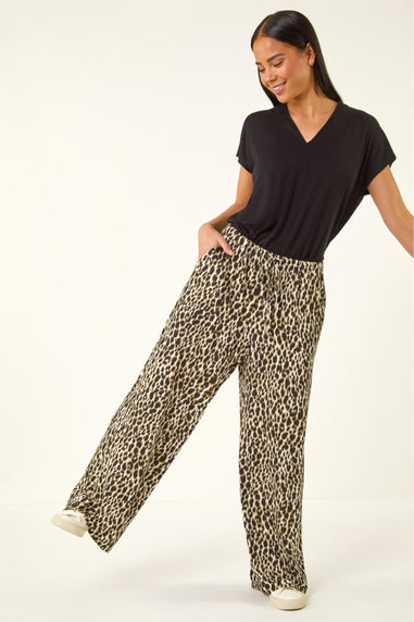 Roman Khaki Petite Animal Wide Leg Trouser