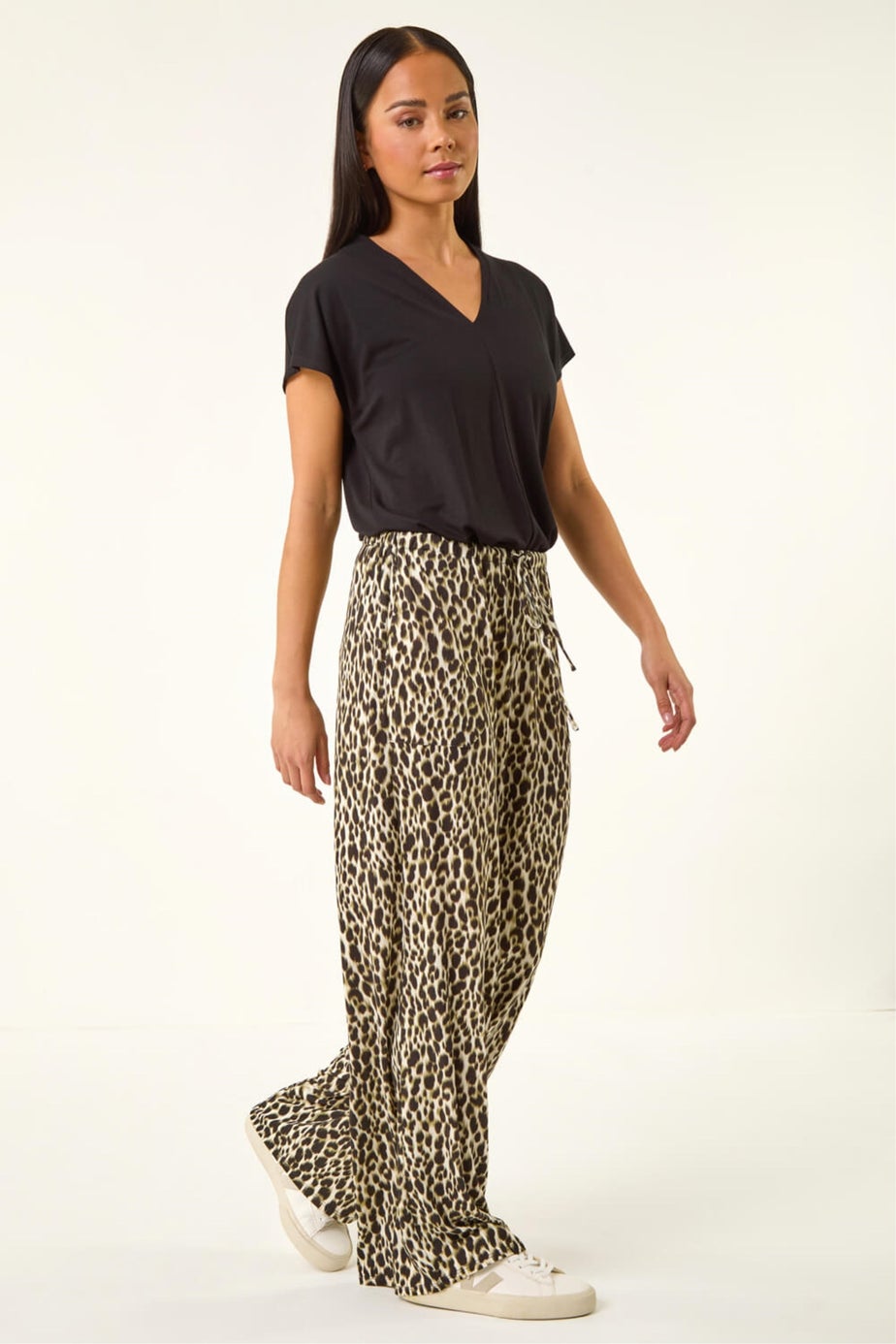 Roman Khaki Petite Animal Wide Leg Trouser