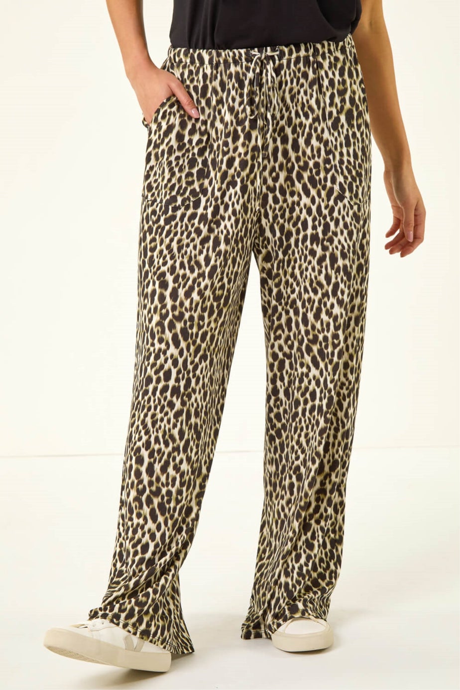 Roman Khaki Petite Animal Wide Leg Trouser
