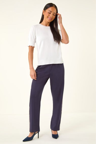 Roman White Petite Shirred Sleeve Knit Top