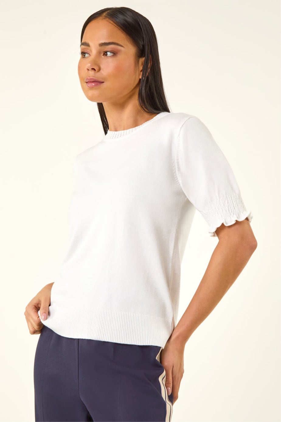 Roman White Petite Shirred Sleeve Knit Top