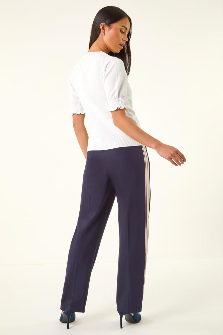 Roman White Petite Shirred Sleeve Knit Top