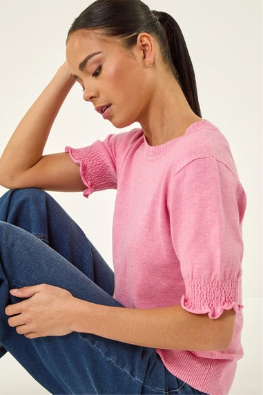 Roman Light Pink Petite Shirred Sleeve Knit Top