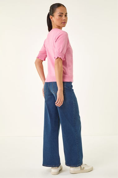 Roman Light Pink Petite Shirred Sleeve Knit Top