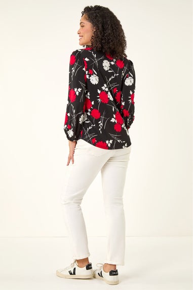 Roman Red Floral Tile Print Stretch Top