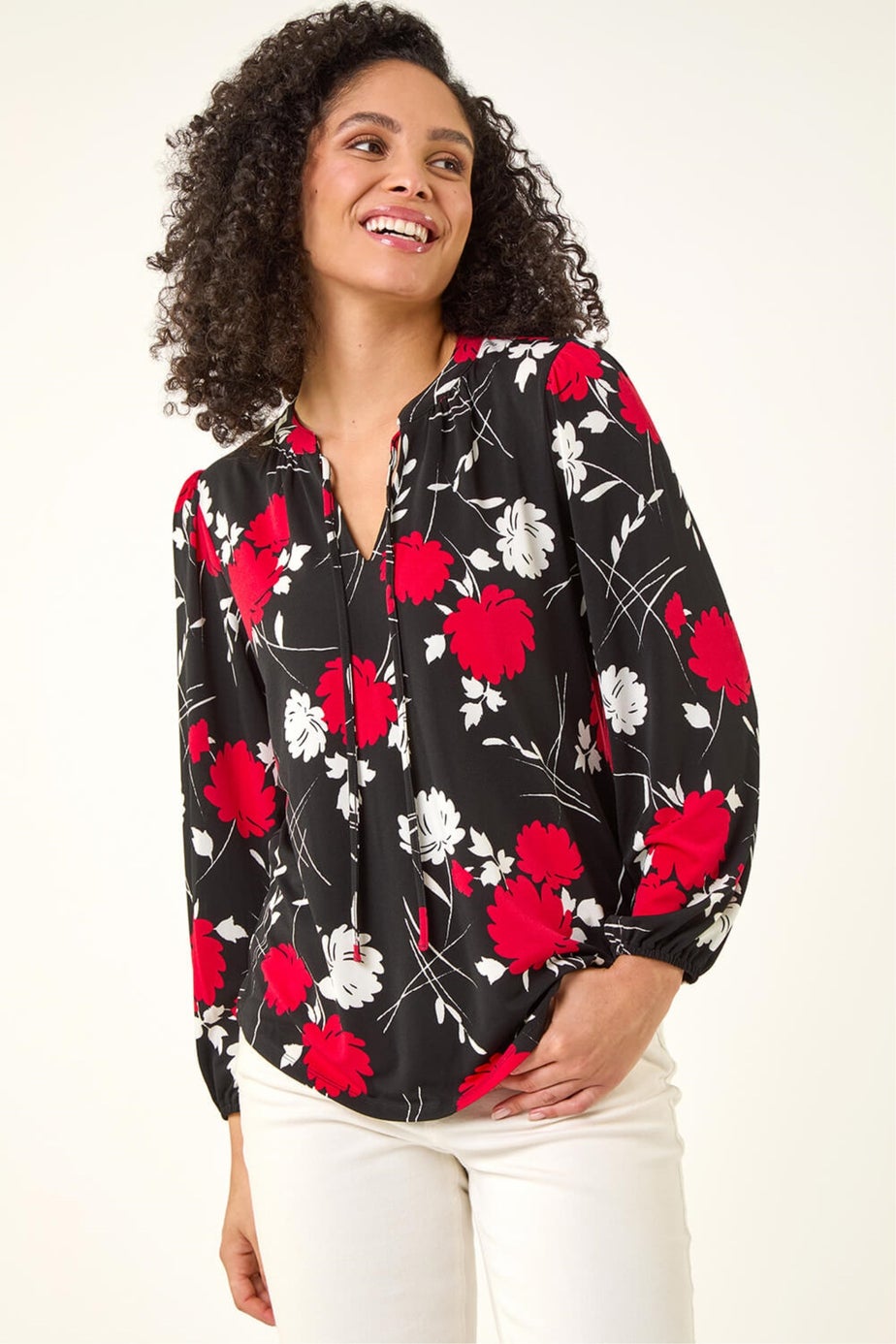 Roman Red Floral Tile Print Stretch Top