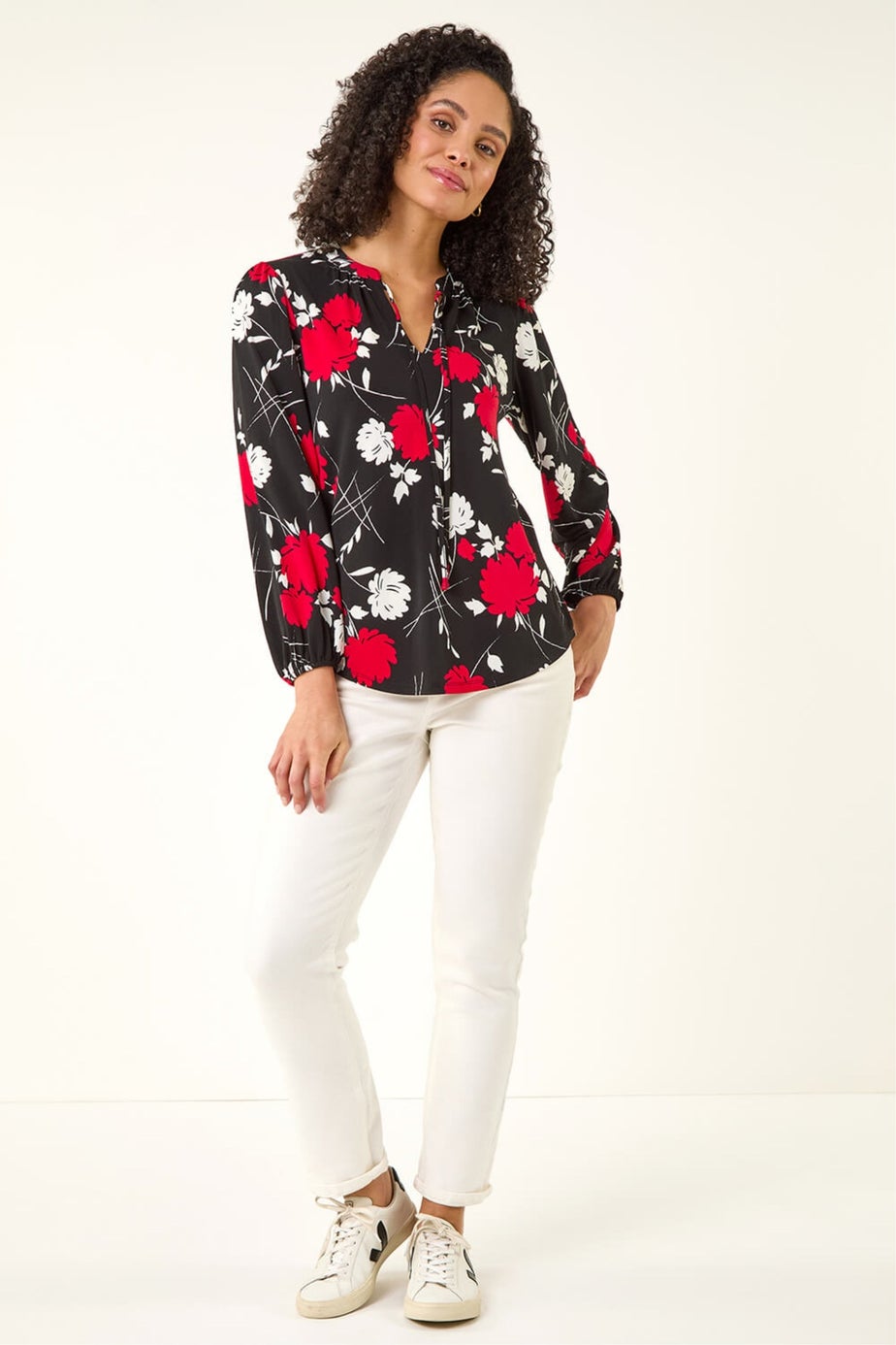 Roman Red Floral Tile Print Stretch Top