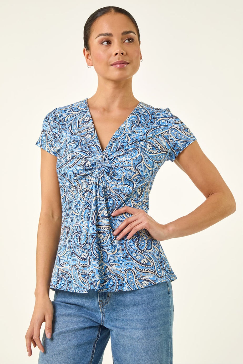 Roman Blue Petite Abstract Twist Front Stretch Top