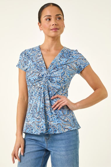 Roman Blue Petite Abstract Twist Front Stretch Top