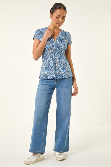 Roman Blue Petite Abstract Twist Front Stretch Top