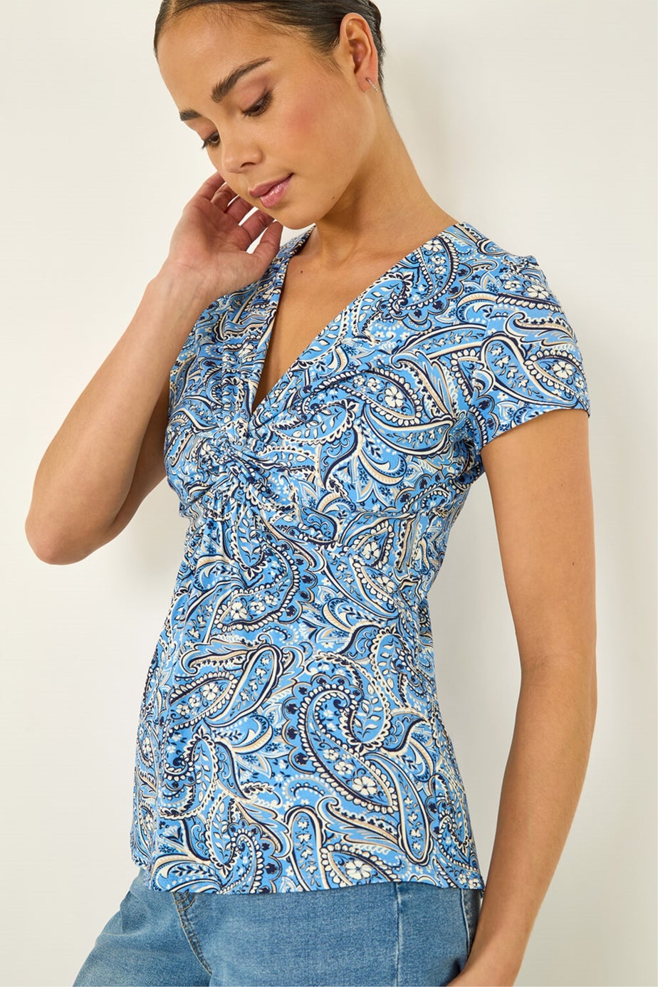 Roman Blue Petite Abstract Twist Front Stretch Top