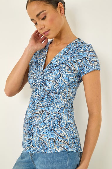 Roman Blue Petite Abstract Twist Front Stretch Top